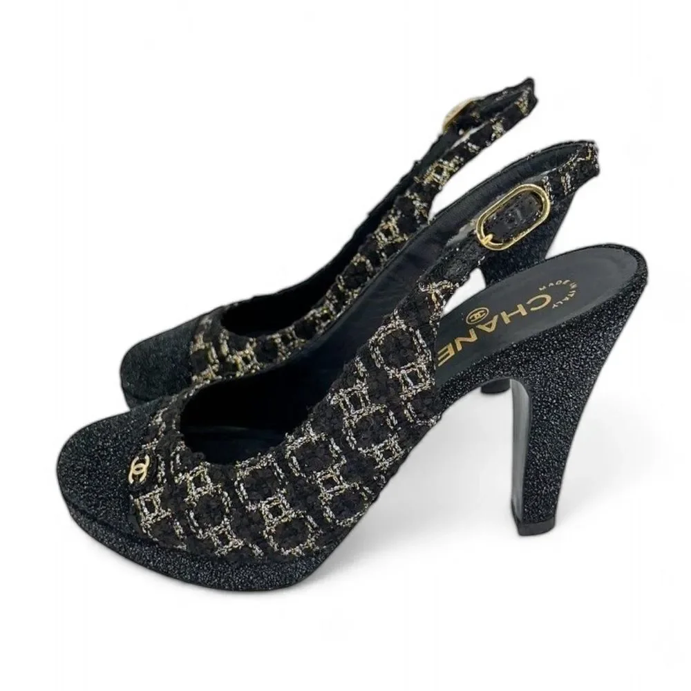Authentic CHANEL Black CC Logo Cap Toe Block Heel Slingback Sandals Size…